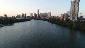 The river flowing toward the Austin Skyline